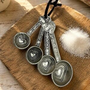 Ganz Heart Measuring Spoons Cottage Kitchen Baking Decor Pewter Tone Set of 4